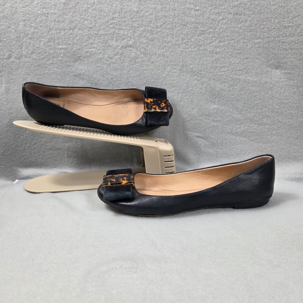 Tory Burch Black Leather Ballet Flats Tortoiseshell Bow Logo Buckle Womens 6M